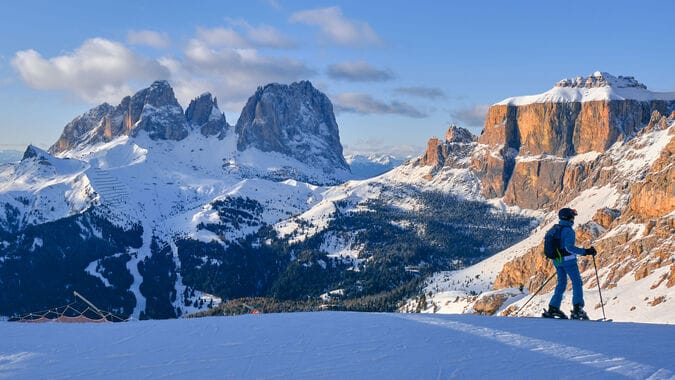 Skiing with amazing Dolomite mountains vies