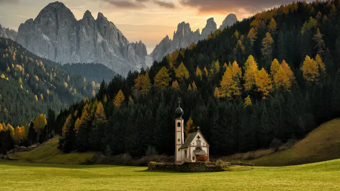 The quaint church of Ranui nestled in the picturesque Val di Funes, Dolomites