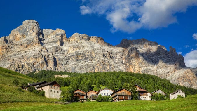 View of old farmhouses in San Cassiano heart of the Dolomites
