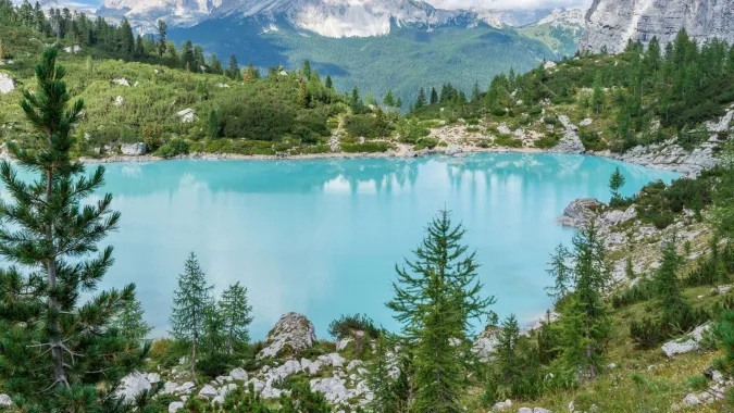 Turquoise Lake Sorapis near Cortina, nestled in the stunning Dolomites