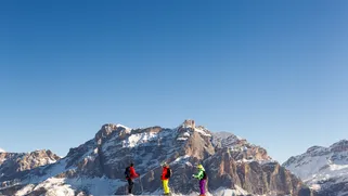 Skiers in Alta Badia, Lavarela, Dolomites, Italian Alps by Visual Working