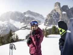 Skiers enjoying fresh snow on a Dolomites, Italian Alps, IDM, Alex Filz