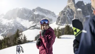 Skiers enjoying fresh snow on a Dolomites, Italian Alps, IDM, Alex Filz