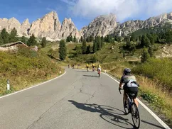 Cyclists on Passo Gardena, Val Gardena, Dolomites, South Tyrol, Italy