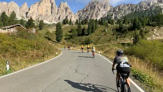 Cyclists on Passo Gardena, Val Gardena, Dolomites, South Tyrol, Italy