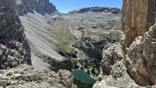 Lagazuoi Lake seen from the Forcella del Lago Alta via 1, Dolomites, Italy