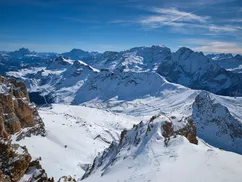 Panoramic view over Passo Pordoi seen from the Sella Group, Dolomites