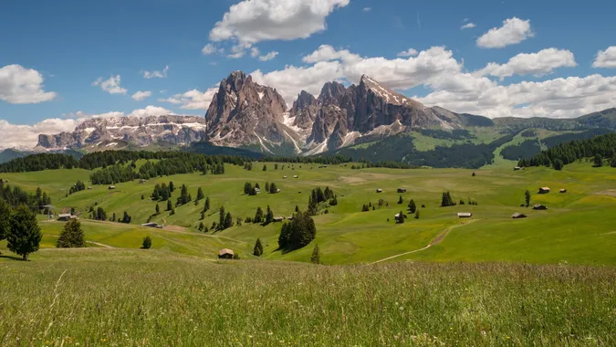 Summer view of Alpe di Siusi and Val Gardena in the Dolomites.