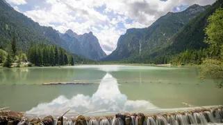Dobbiaco Lake, Val Pusteria, South Tyrol, Dolomites, Italy.
