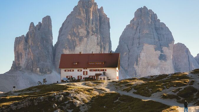 Locatelli refuge with the Tre Cime in the background