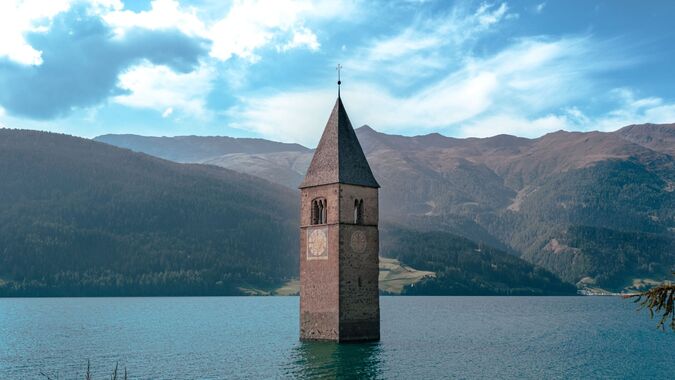 Lake Resia with its characteristic bell tower
