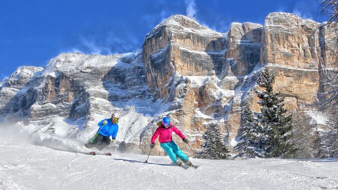 Skiing on the ski slope of Santa Croce, Alta Badia